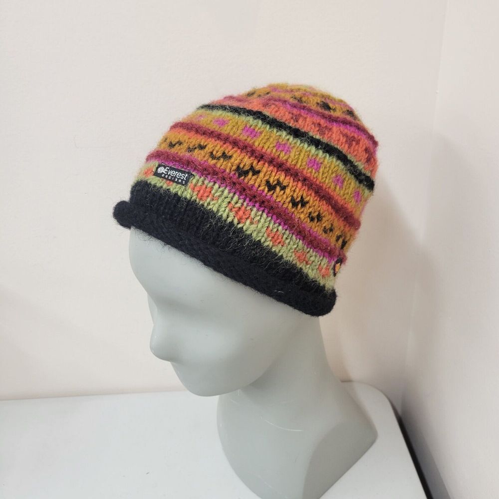 Everest Design Hand Made in Nepal Wool Beanie - Multi Color OSFM 9 1/2" Wide 7"H